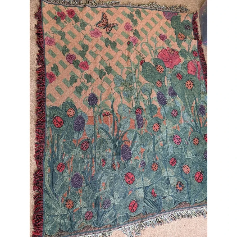 Lady Bug Butterfly Boho Vtg Woven Blanket Throw fringe Red Green 58.5